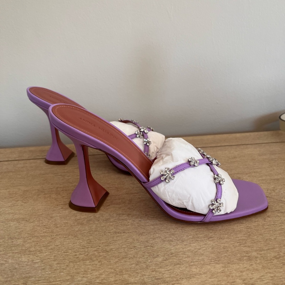 Amina Muaddi Lily Slipper. Lilac with jewels.